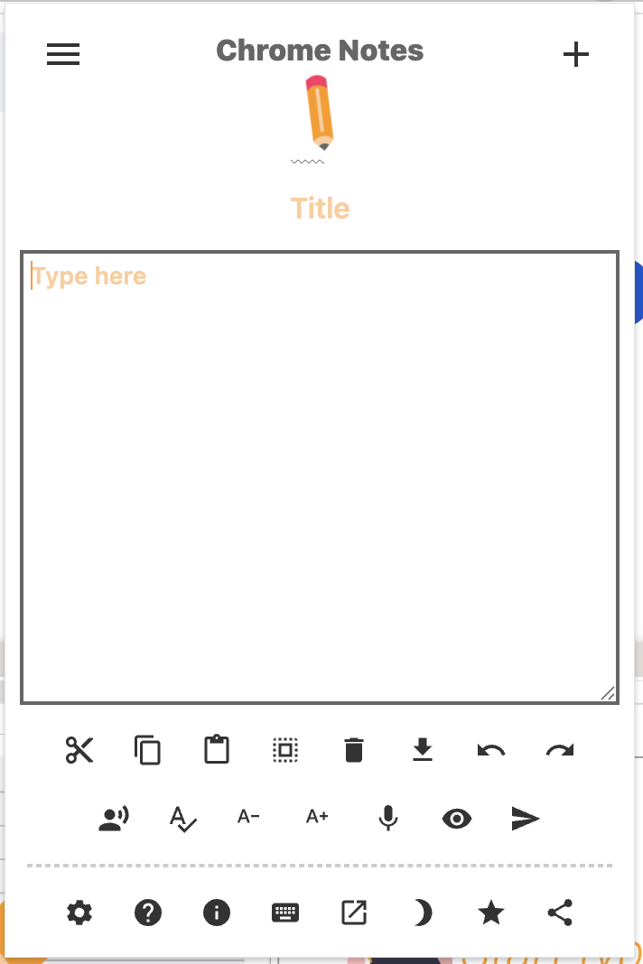 Chrome Notes interface showing a title field, note area, and a row of formatting and tool buttons