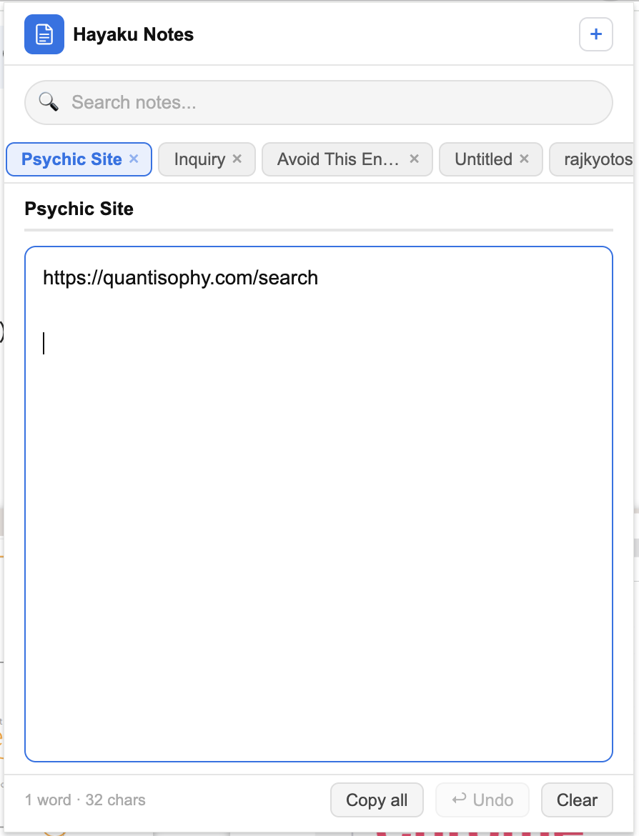 Hayaku Notes interface showing tagged notes, search, and a clean note body